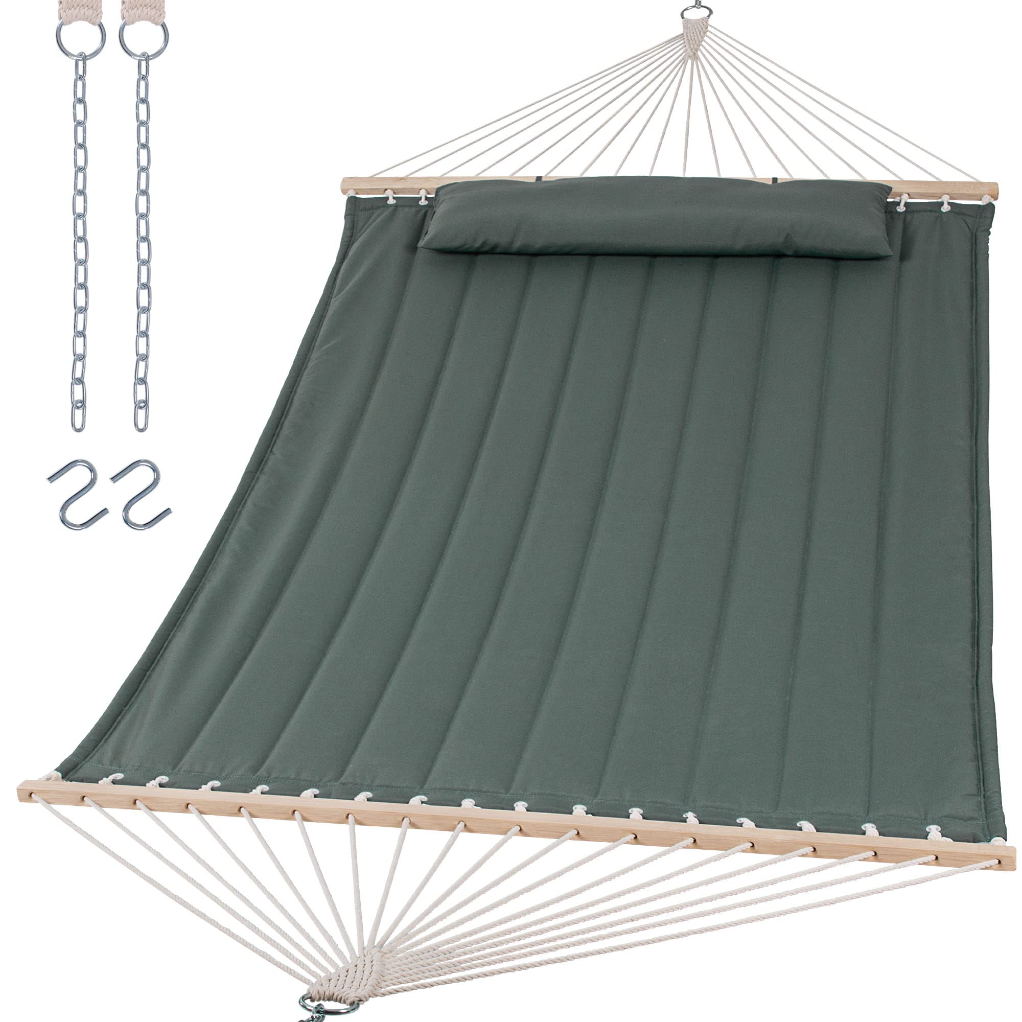 Premium Double Hammock for 2 Adults - Extra Large Outdoor Hammock with Hardwood Spreader Bar & Soft Pillow - 475 lbs Weight Capacity (Gray Green) - Perfect for Camping, Backyard Relaxation & Beach Vacations
