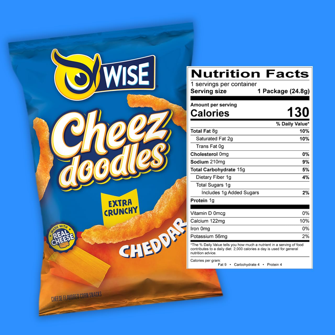 Wise Snacks Baked Cheez Doodles - Extra Crunchy Real Cheddar Cheese Puffs | Gluten Free, 0g Trans Fat, No Preservatives | 0.875oz Individual Snack Bags (42 Count) | Perfect for School Lunches, Halloween Treats & Kids Snack Time