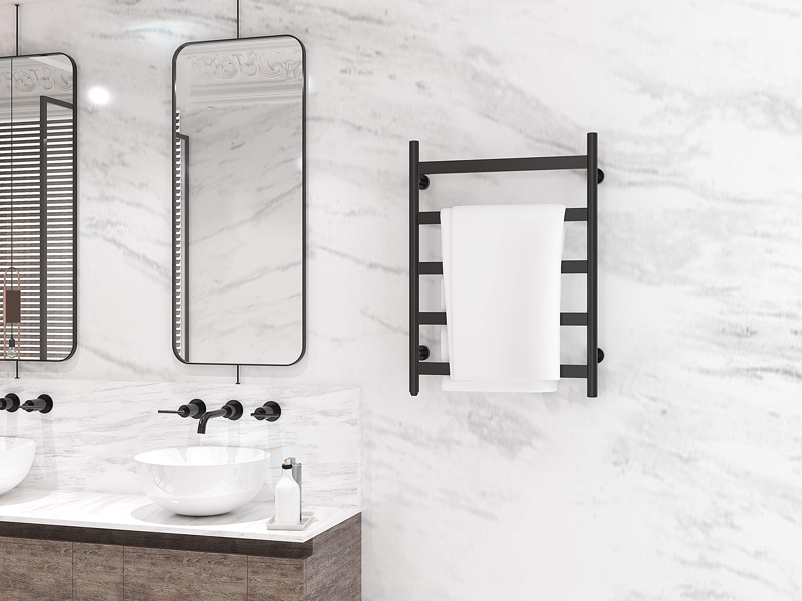 HEATGENE 5-Bar Wall Mounted Electric Towel Warmer - Plug-In Bathroom Heated Towel Rack in Matte Black | Perfect for Spa, Luxury Bathrooms & Cozy Home Use