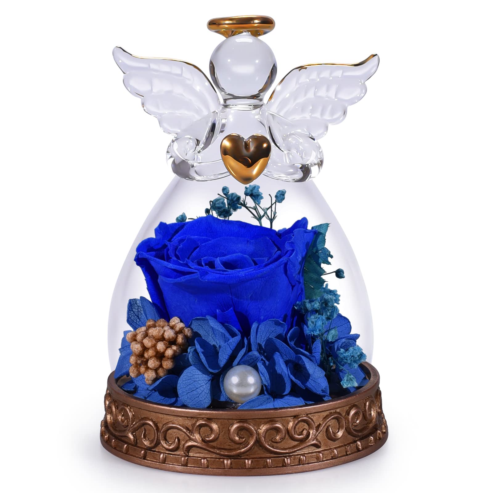 Real Preserved Rose in Glass Angel Figurine with LED Light - Eternal Flower Gift for Women, Mothers, Grandmothers | Perfect for Mother's Day, Christmas, Birthdays & Anniversaries (Navy Blue) - Romantic Home Decor & Thoughtful Present