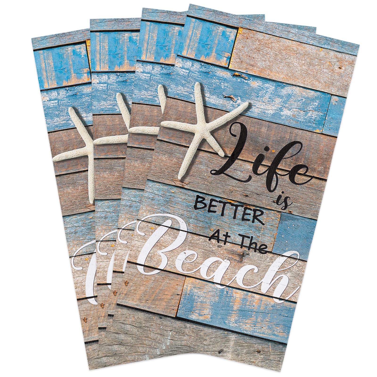 4 Pack Super Absorbent Soft Microfiber Kitchen Dish Towels - Marine Life Starfish Beach Theme, Rustic Wood Grain Design for Kitchen, Bathroom & Bar Use - Perfect for Cleaning, Drying Dishes and Hand Towels