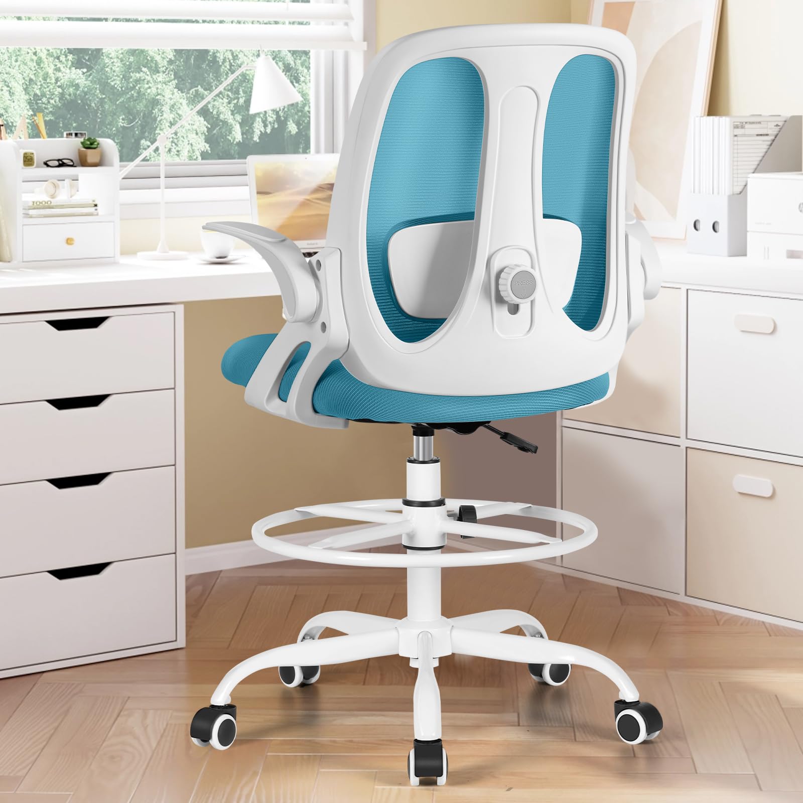 Razzor Ergonomic Drafting Chair - Adjustable Height Office Stool with Lumbar Support, Flip-Up Armrests & Footrest Ring - Blue - Perfect for Architects, Designers & Standing Desk Workstations