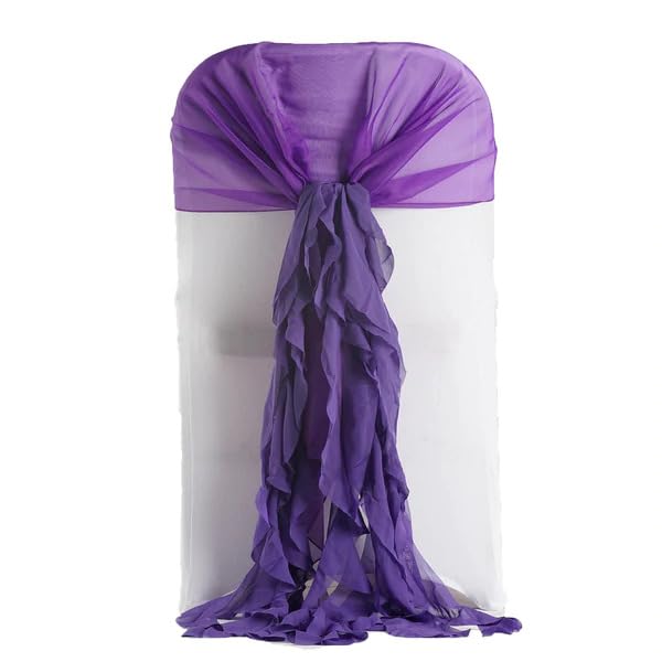 50 Premium Purple Curly Chiffon Chair Covers with Sashes - Elegant Wedding, Party & Ceremony Decorations - Perfect for Reception, Banquet & Special Events