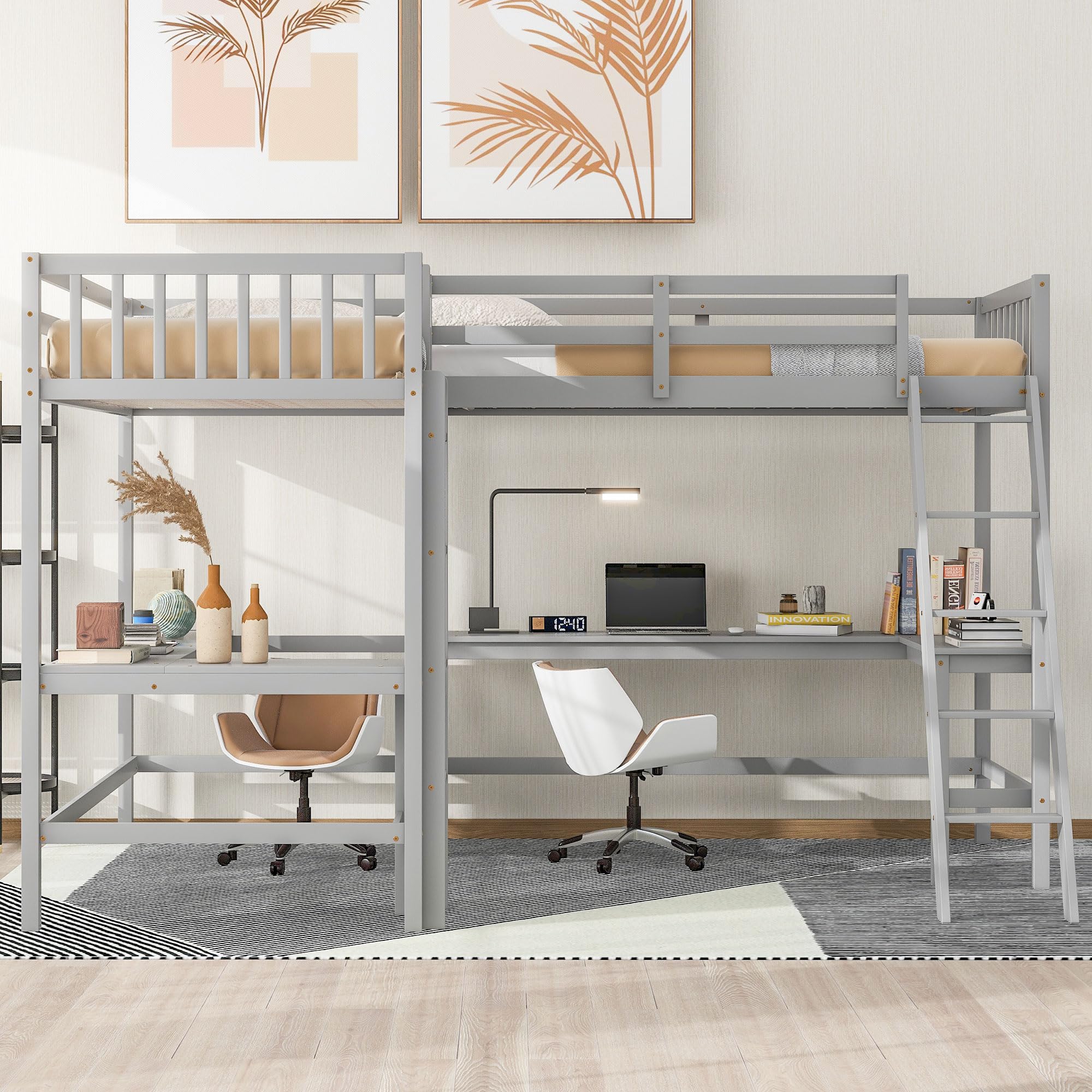 Merax Grey Wood Twin Size L-Shaped Loft Bed with Ladder & 2 Built-in Desks - Space Saving Study & Sleep Solution for Kids & Teens Small Bedrooms