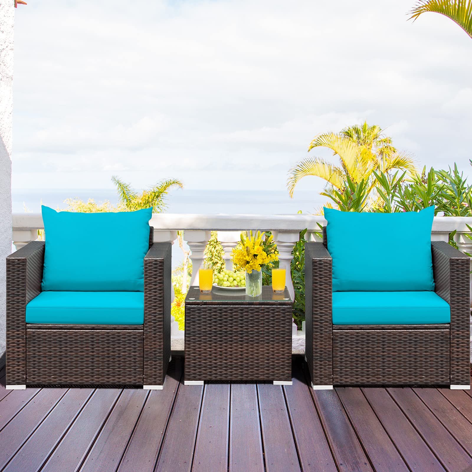 HAPPYGRILL 3-Piece Outdoor Patio Furniture Set - PE Rattan Wicker Sofa with Cushions & Coffee Table - Garden, Poolside, Balcony Conversation Set for Relaxing & Entertaining