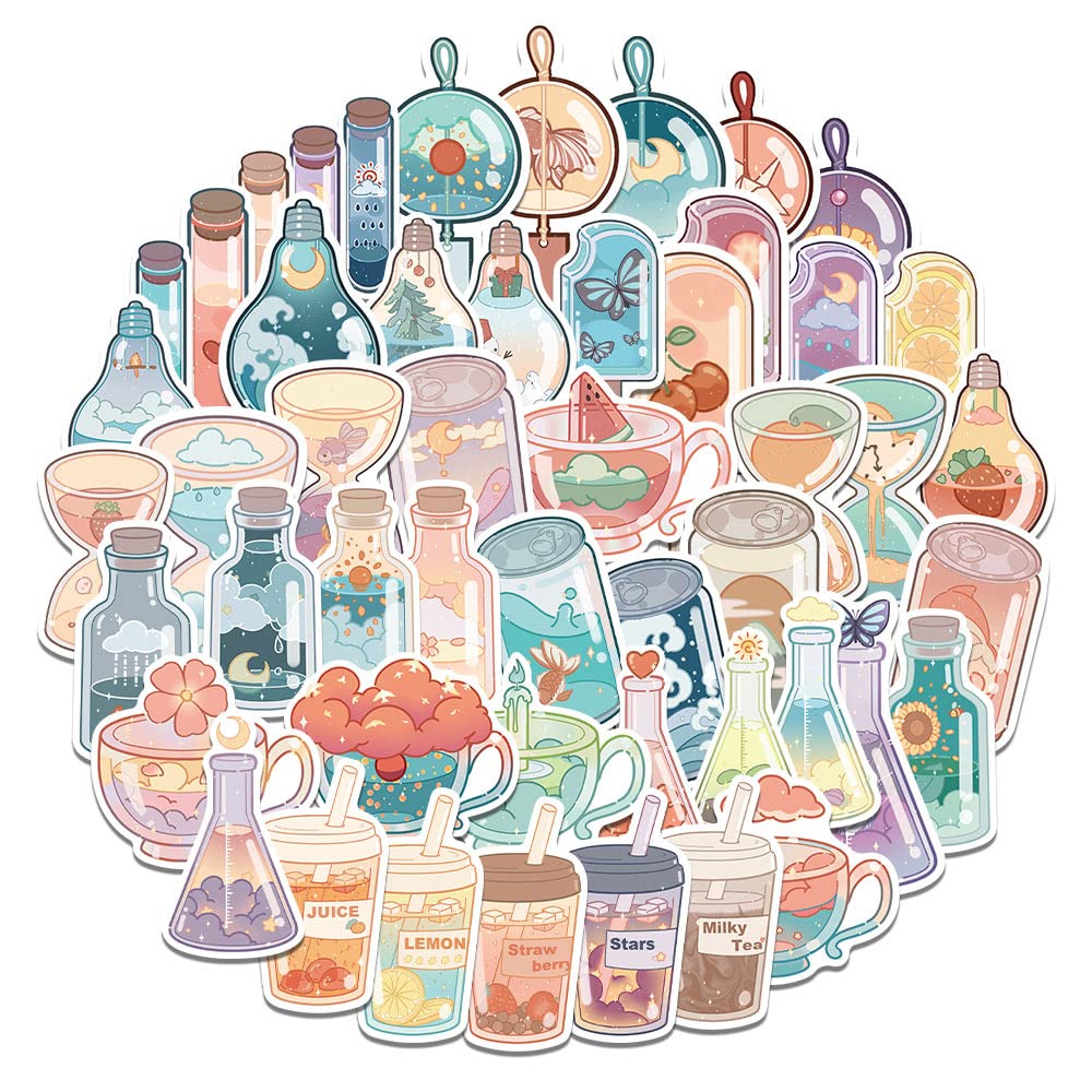 50 Pcs Kawaii Cartoon Drink Stickers - Waterproof Aesthetic Decals for Water Bottles, Laptops, Phone Cases - Perfect for Scrapbooking, Journaling & DIY Decor - Trendy Kawaii Stickers for Teens, Students & Office Use