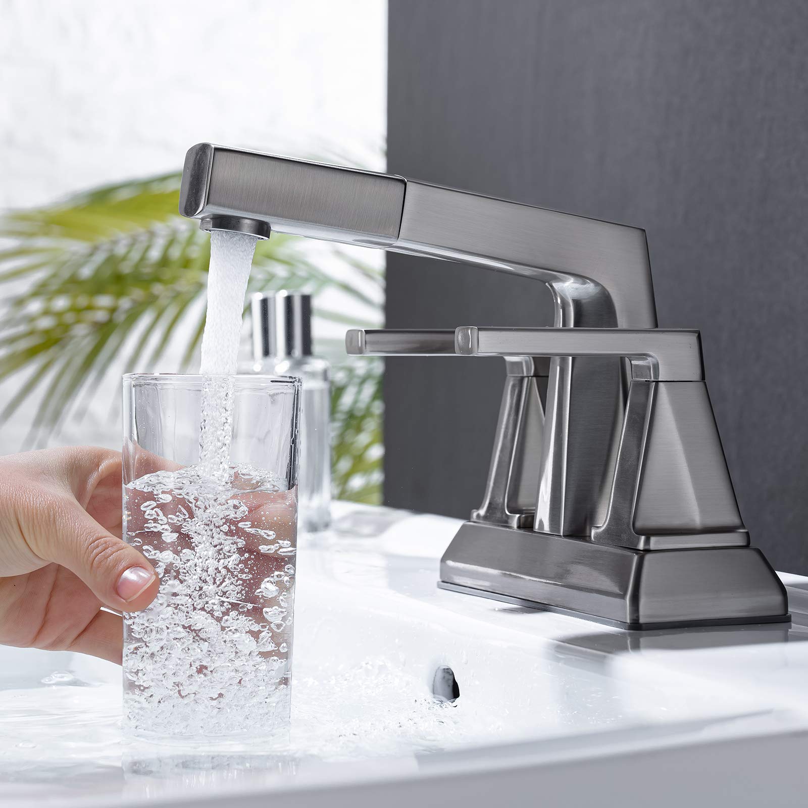 KAIYING Brushed Nickel 3-Hole Centerset Bathroom Sink Faucet with 2-Handle Pull-Out Spray - Water Saving Modern Vanity Faucet for Hot & Cold Water - Easy to Clean Bathroom Faucet for Home, Hotel & Commercial Use - Ideal for Hand Washing, Face Cleansing & Bathroom Renovation - Perfect for Small Bathrooms, Powder Rooms & Guest Suites - Great for Daily Hygiene, Spa-Like Experience & Luxury Bathroom Upgrades
