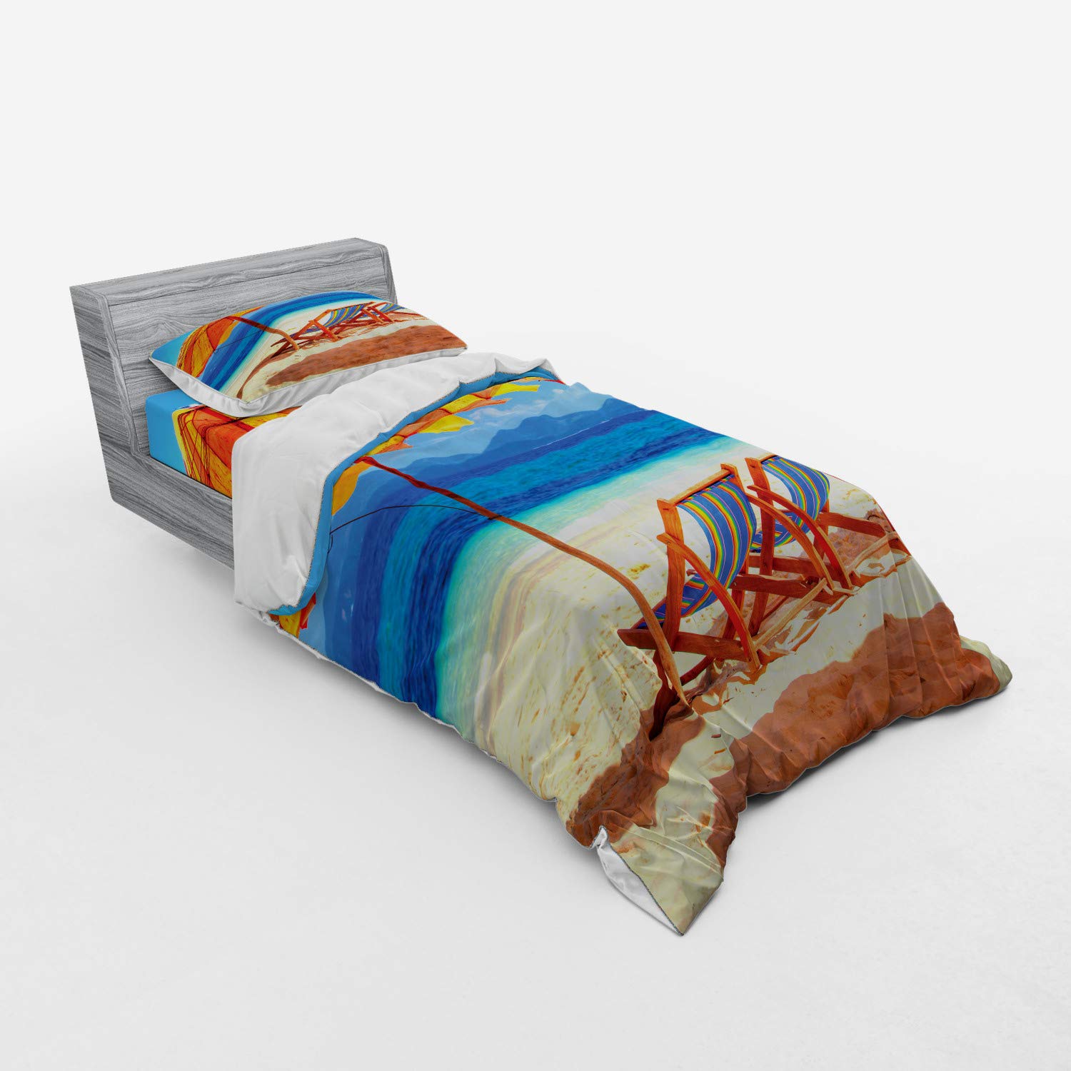 Ambesonne Tropical Beach Duvet Cover Set - 3 Piece Twin XL Bedding with Sham & Fitted Sheet, Orange Blue Ocean Theme - Perfect for Coastal Bedrooms, Vacation Homes & Tropical Decor