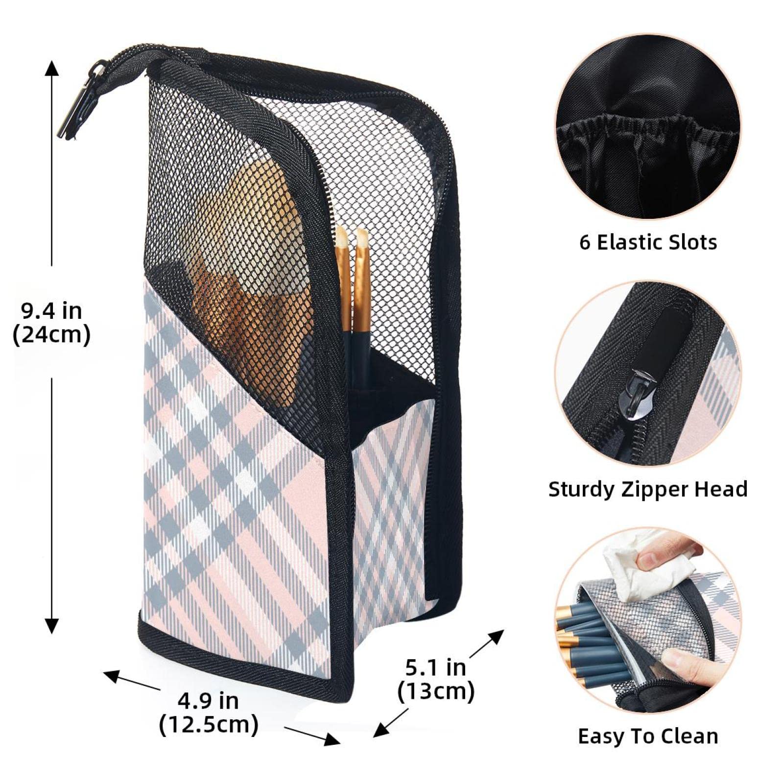 12-Piece Pink Plaid Makeup Brush Organizer Bag - Portable Travel Makeup Brush Holder Case for Professional & Home Use