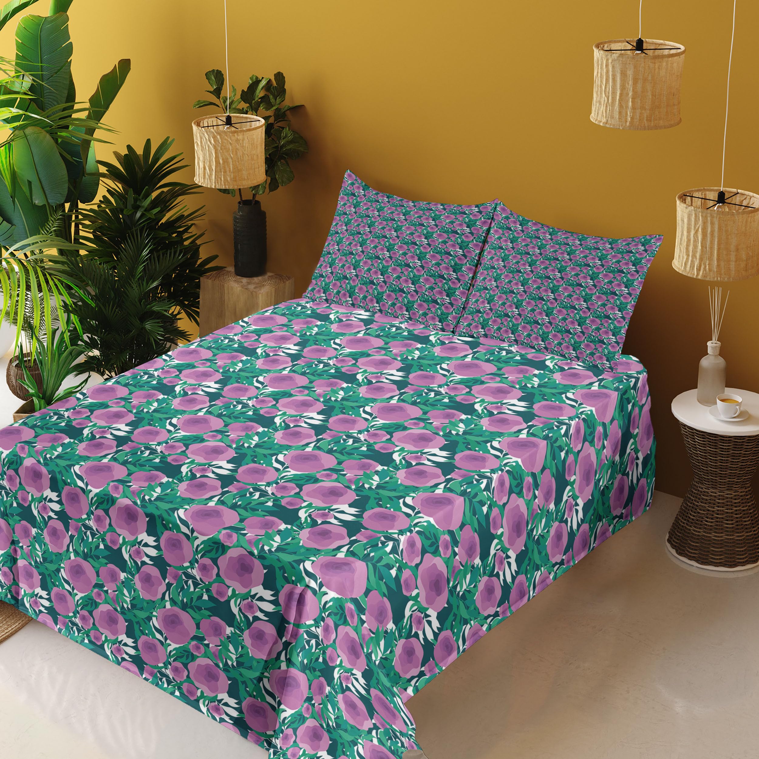 Ambesonne Floral King Size 4-Piece Sheet Set - Blossoming Flowers & Leaves Design, Fitted & Flat Sheets with Pillowcases, Pale Fuchsia & Sea Green - Perfect for Spring Bedroom Decor, Guest Room Makeover, or Boho Chic Home Styling