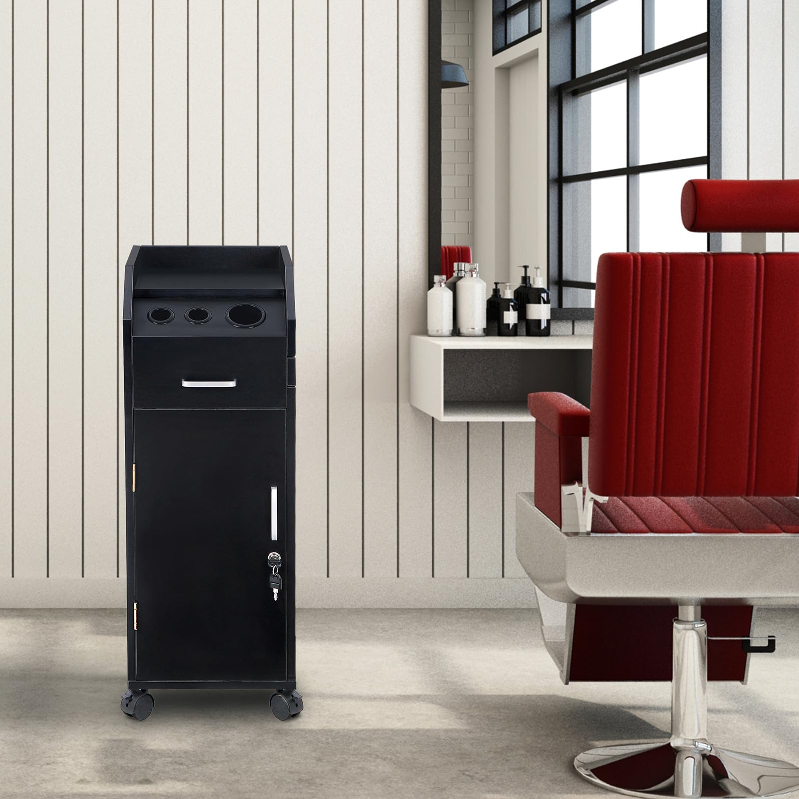 Professional Hair Salon Storage Cart with Wheels - 3 Hair Dryer Holders, 4 Lockable Drawers with 2 Keys - Mobile Hairdressing Station & SPA Utility Trolley (Black) - Perfect for Salon Organization, Stylist Workstations & Mobile Beauty Services