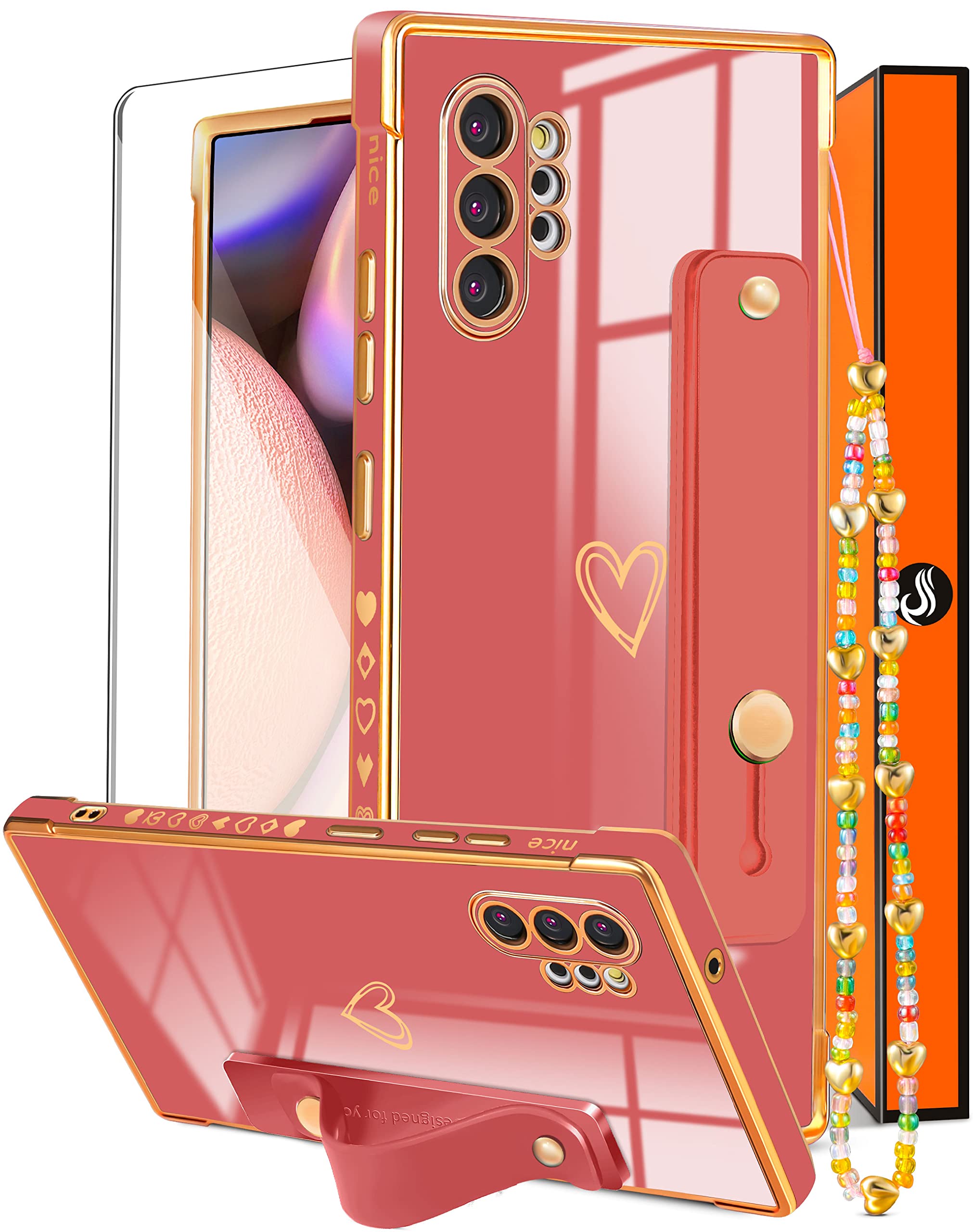 3-in1 Luxury Cute Heart Design Samsung Galaxy Note 10 Plus Case for Women - Trendy Red & Gold Plating Phone Cover with Screen Protector & Chain Strap (6.8 inch) - Perfect for Everyday Use, Gift Giving & Fashion Accessories