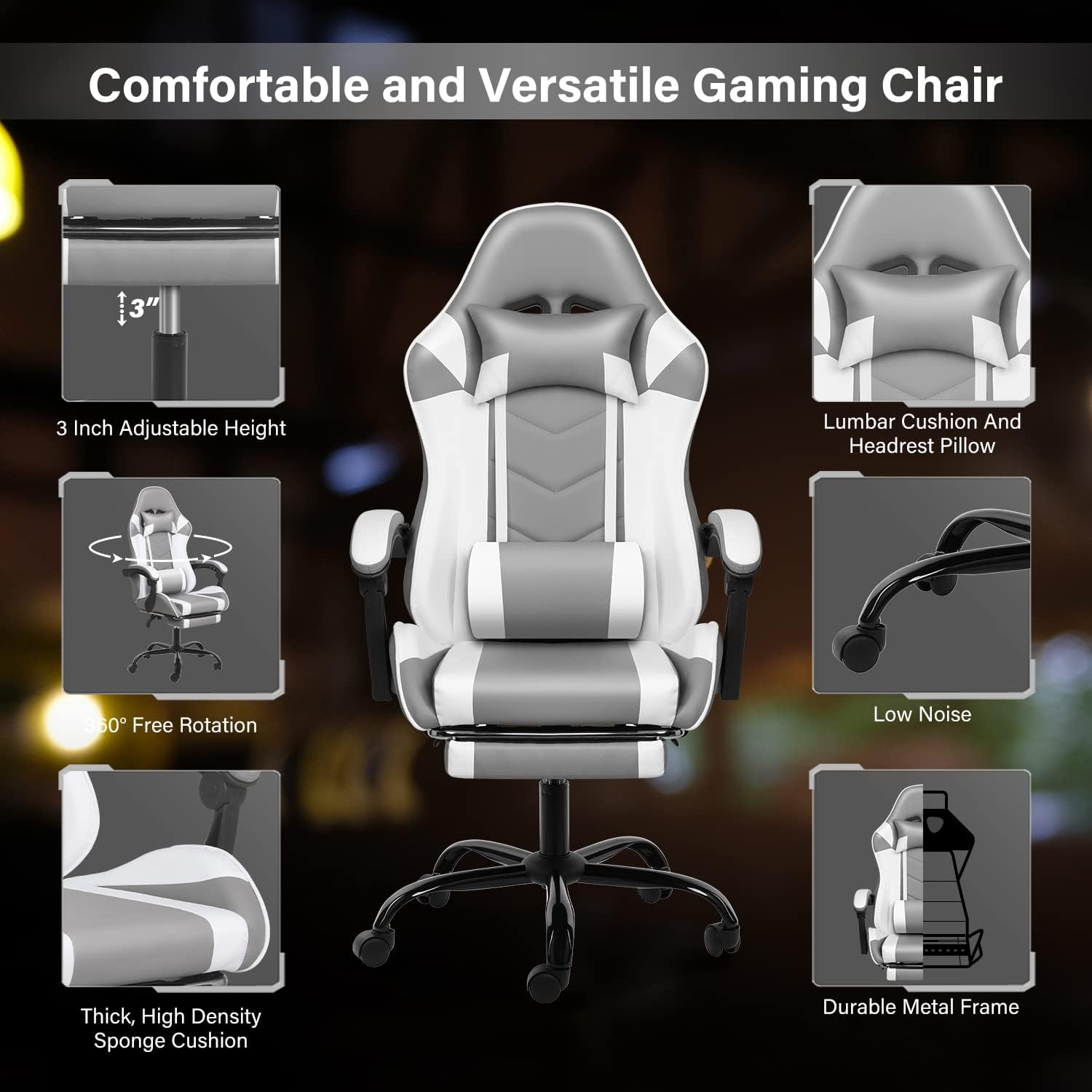 YSSOA White Gaming Chair with Footrest - Big and Tall Ergonomic Racing Style Office Chair - Adjustable Swivel Computer Chair with Headrest & Lumbar Support - Perfect for Gaming, Streaming, and Home Office Workspace