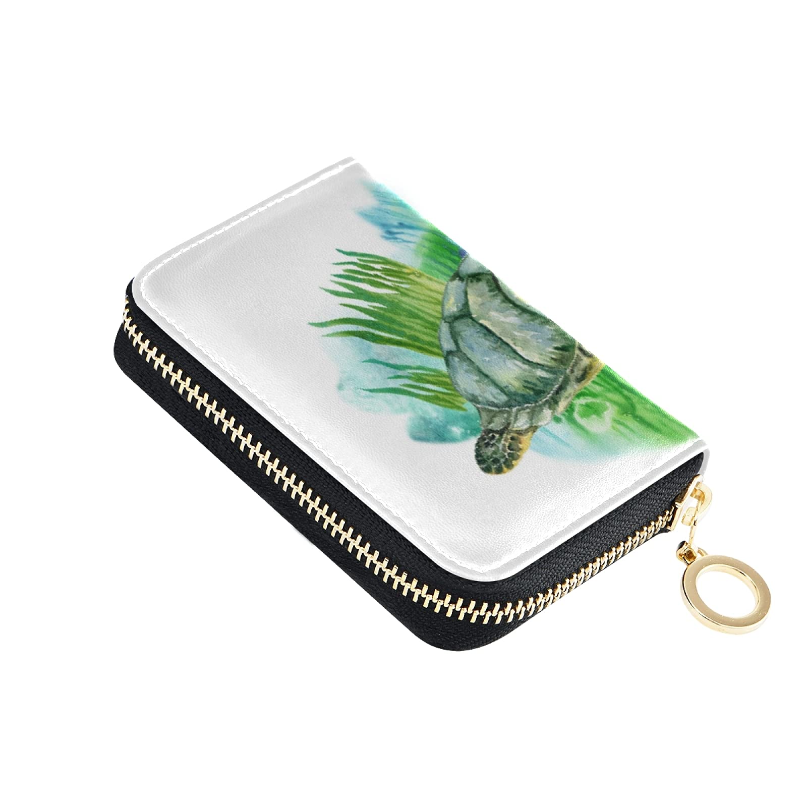 RFID Blocking Leather Credit Card Holder - Slim Women's Wallet with Zipper for Coins & Keys | Green Sea Turtle Design | Perfect for Travel, Work & Everyday Use