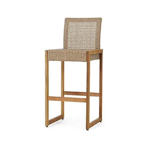 Christopher Knight Home Elon Outdoor Barstools Set of 2 - Wicker & Acacia Wood Bar Height Counter Stools - Light Multi Brown/Teak Color - Perfect for Patio, Deck, Poolside & Outdoor Dining Areas