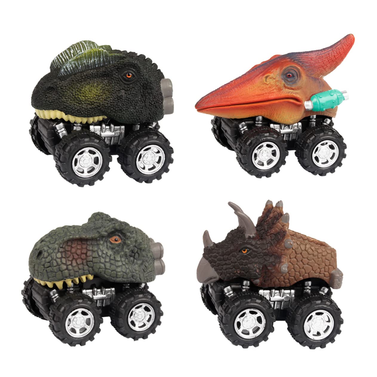 SKISUNO 4-Pack Dinosaur Pull Back Toy Cars - Cartoon Dinosaur Shaped Vehicles for Kids, Fun Plastic Dino Toys for Boys & Girls - Perfect for Birthday Gifts, Party Favors and Pretend Play