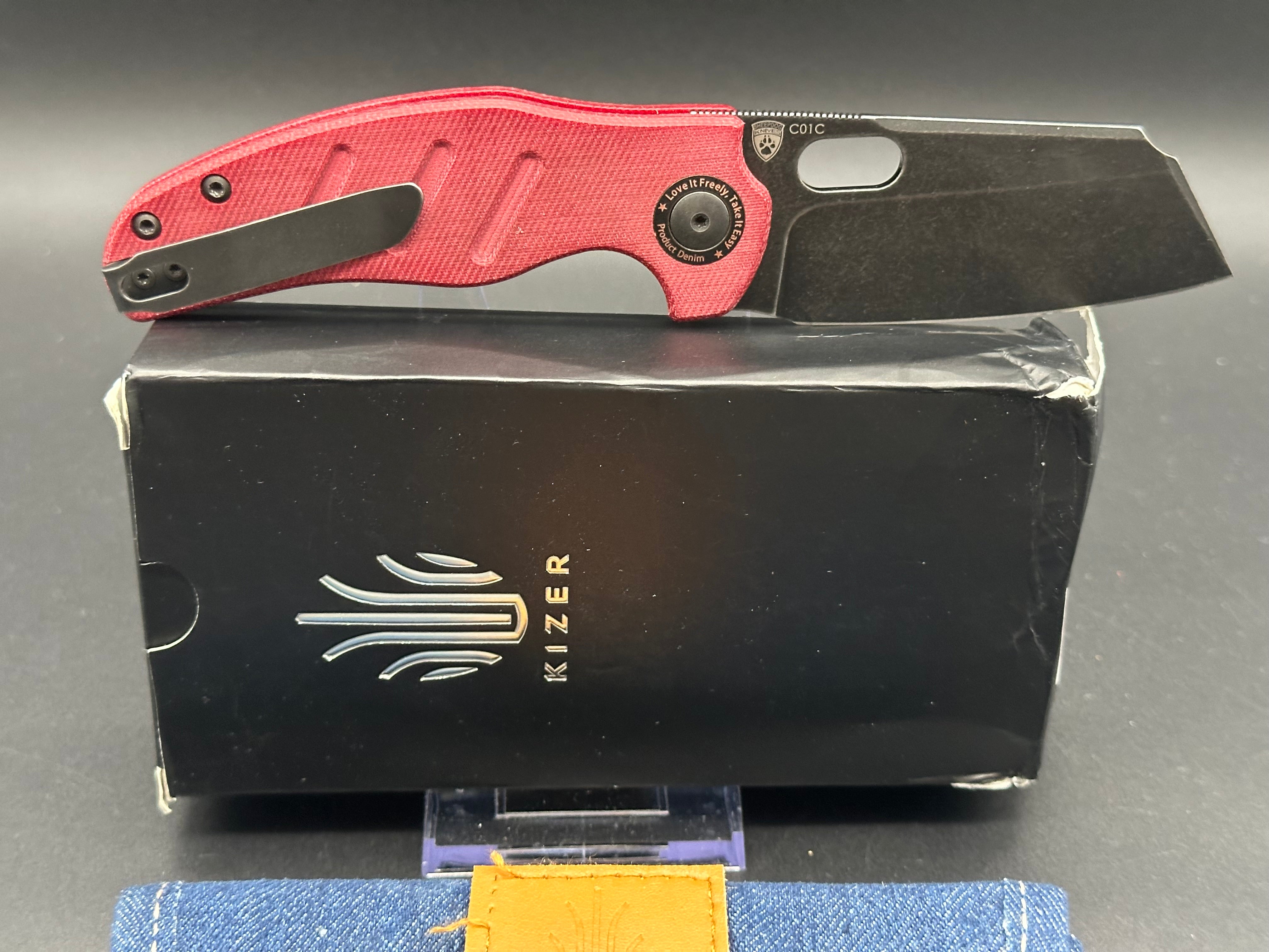 Kizer C01C Sheepdog Folding Knife - Red Denim Micarta Handle, 3.29