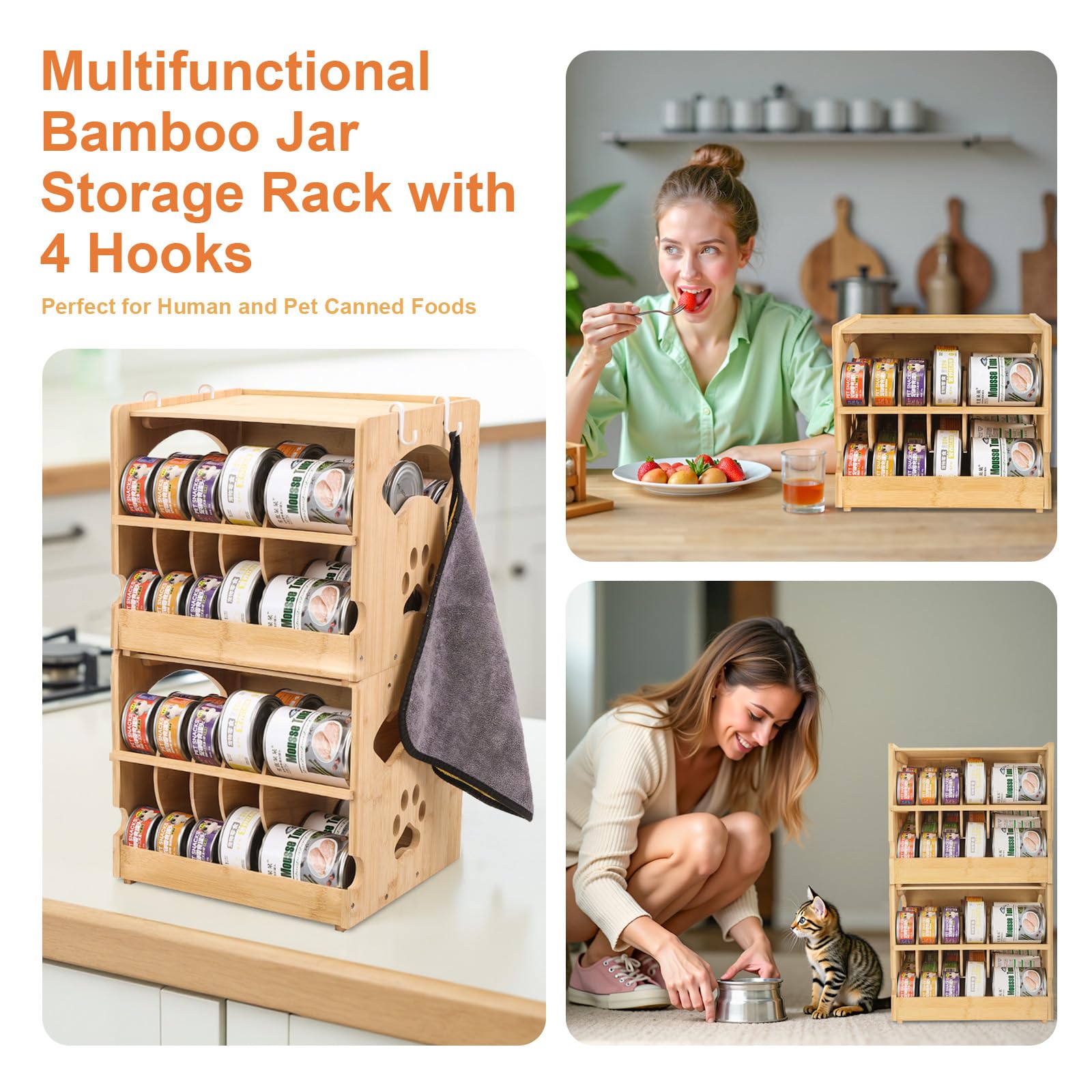 Premium Bamboo Cat Food Can Organizer - 2-Tier Stackable Wet Cat Food Storage Rack with FIFO System & 4 Hooks, Holds 42 (3oz) Cans - Space-Saving Pet Food Dispenser for Pantry & Kitchen Organization