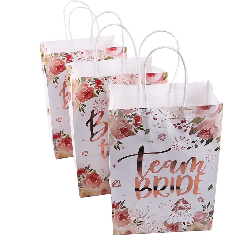 Team Bride Bags with Handles - Rose Gold Floral Bridesmaid Gift Bags for Bachelorette Party, Bridal Shower & Wedding Favors - Perfect for Bride Tribe, Hen Party & Wedding Decorations