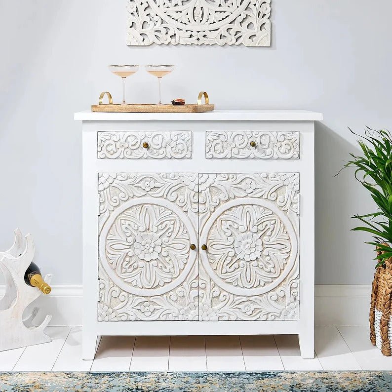 Hand Carved Wooden Storage Cabinet - Small Sideboard with Intricate Designs | Perfect for Living Room, Bedroom, or Entryway Organization