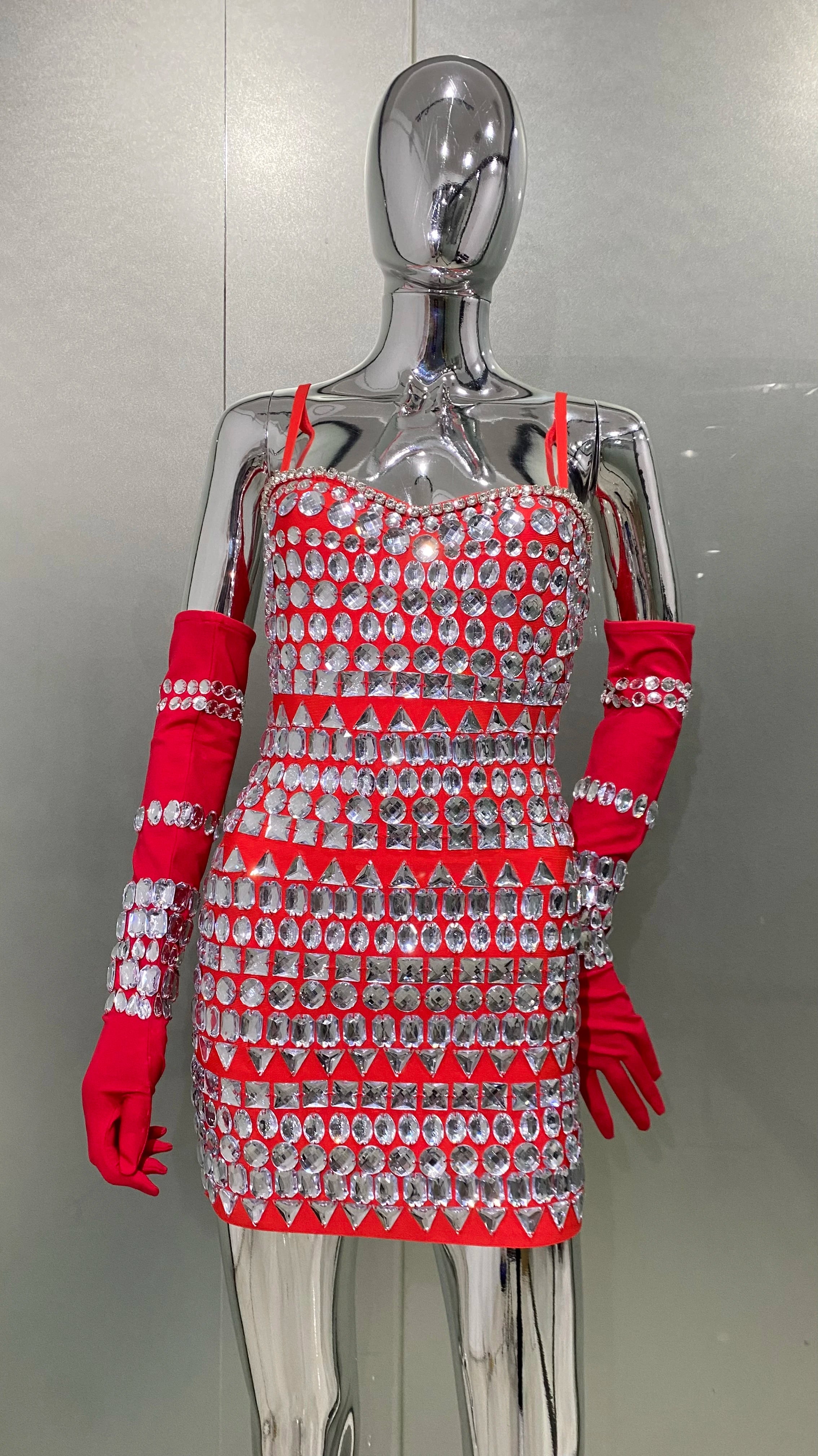 2024 Sexy Women's Sleeveless Crystal Bodycon Mini Dress with Gloves - Strap Bandage Clubwear for Birthday Party, Night Out & Special Occasions