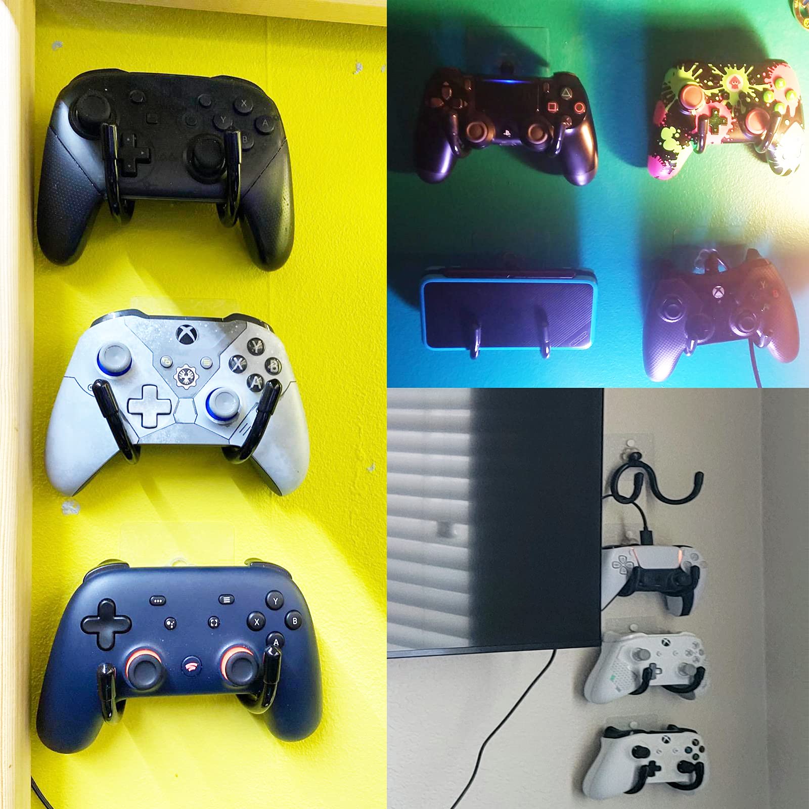 Universal Game Controller Wall Mount Holder for Xbox One, PS4, Switch Pro - 2 Pack Adhesive Organizer Rack with Headphone Hanger - Easy Installation for Gaming Room, Bedroom, and Office Organization