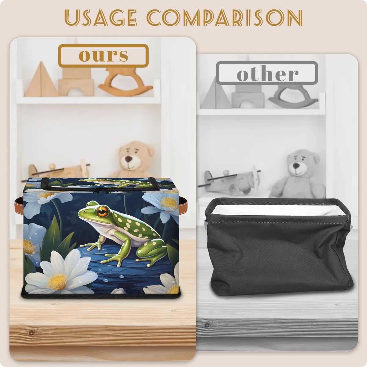 Frog White Flower Storage Bins with Zipper Lid - 2 Pack Stackable Storage Baskets with Metal Frame & PU Handles - Closet Organizer Cube for Clothes, Toys, or Blankets - Perfect for Bedroom, Nursery, or Dorm Organization