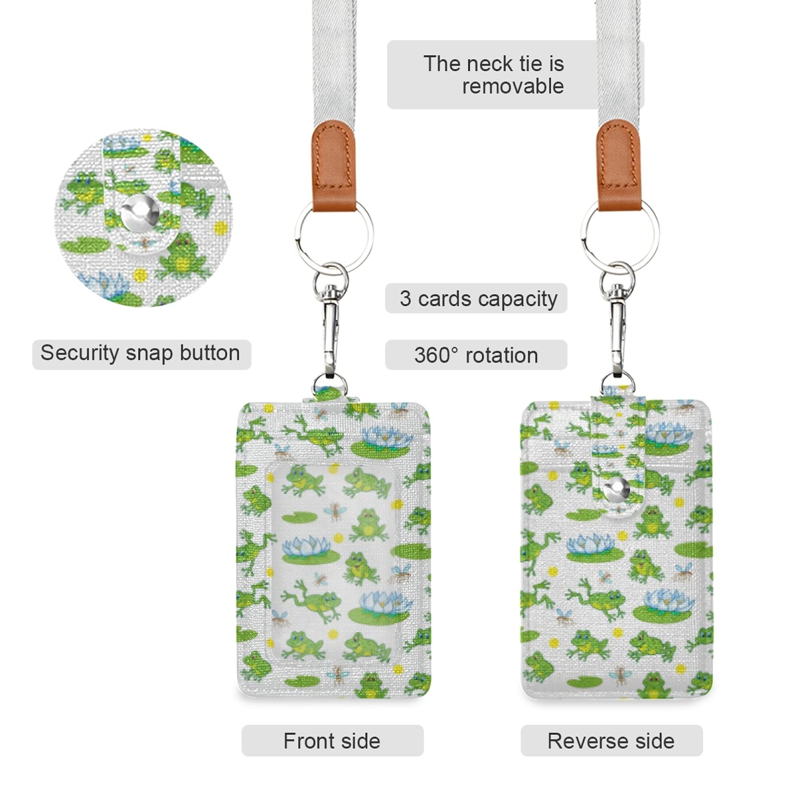 PU Leather ID Badge Holder with Lanyard & Key Ring - Cute Frog Design for Work & Events