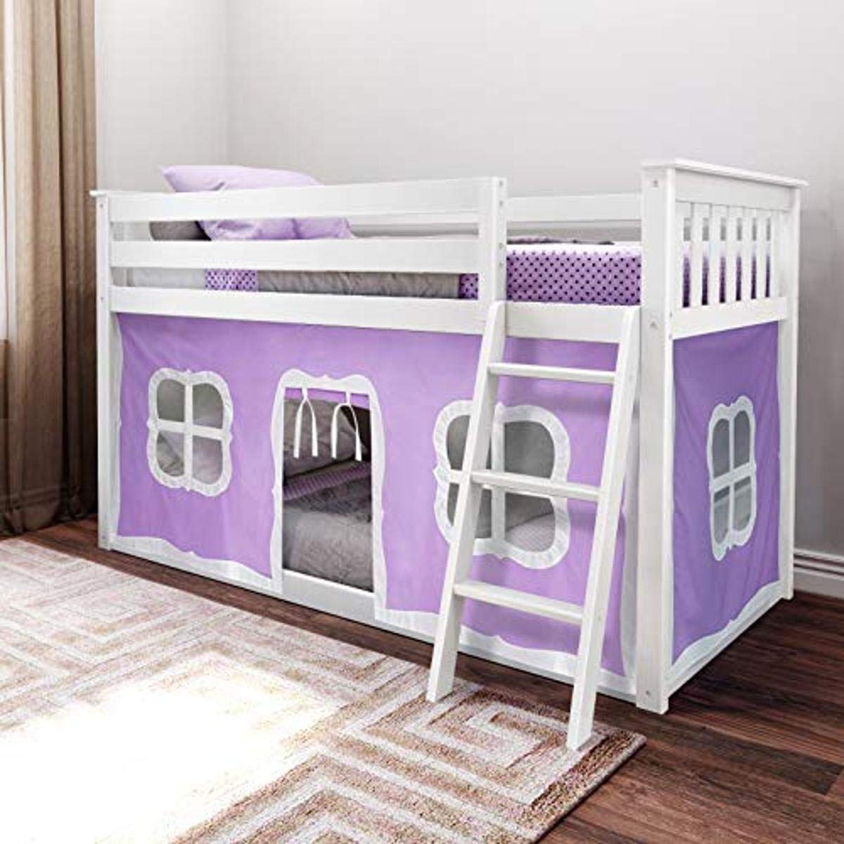 Max & Lily Low Bunk Bed with Curtains - Twin Over Twin Kids Bed Frame in White & Purple - Space-Saving Bedroom Solution for Siblings or Sleepovers