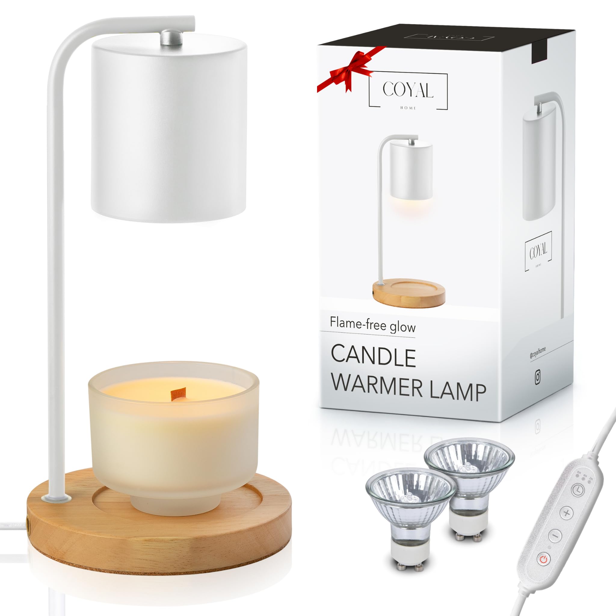 Electric Candle Warmer Lamp with Timer & Dimmer - Includes 2 Bulbs, Wax Melter for Jar Candles - Home Decor & Housewarming Gift (White Wood) - Perfect for Bedroom, Living Room, and Romantic Ambiance