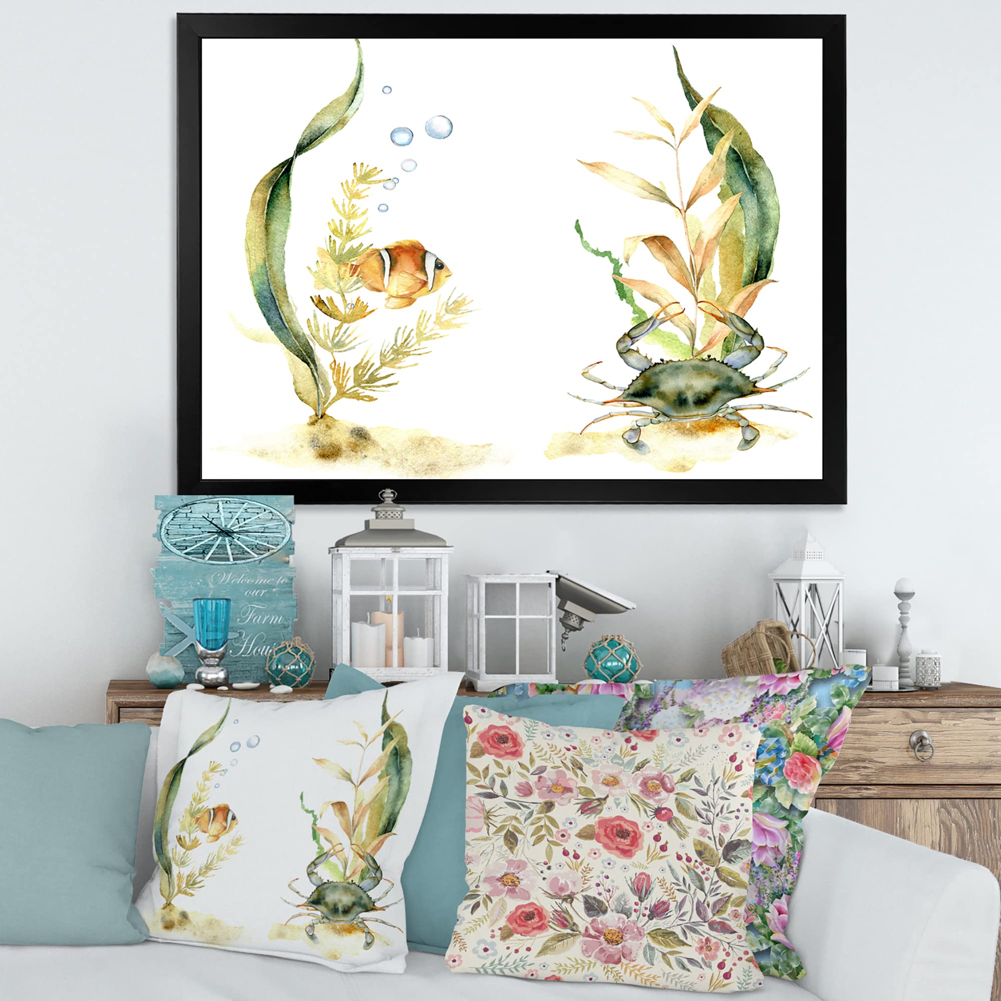 DesignQ Tropical Fish with Algae & Air Bubbles Framed Wall Art - Ocean Theme Home Decor for Living Room, Bedroom & Office