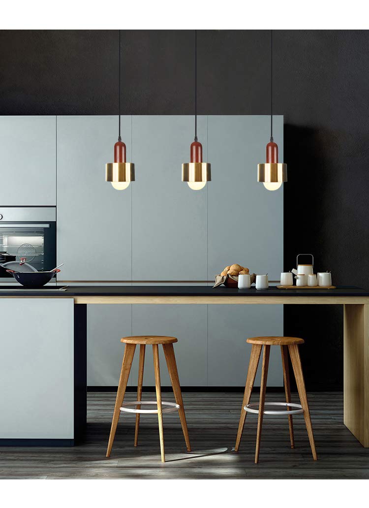Dimmable Modern J-Type Track Light with Wooden Handle & Gold Lampshade - Compatible with Juno Track System - Mini Pendant Lighting for Kitchen Island, Dining Room & Bar Counter - Customizable 3-Light Hanging Fixture Set
