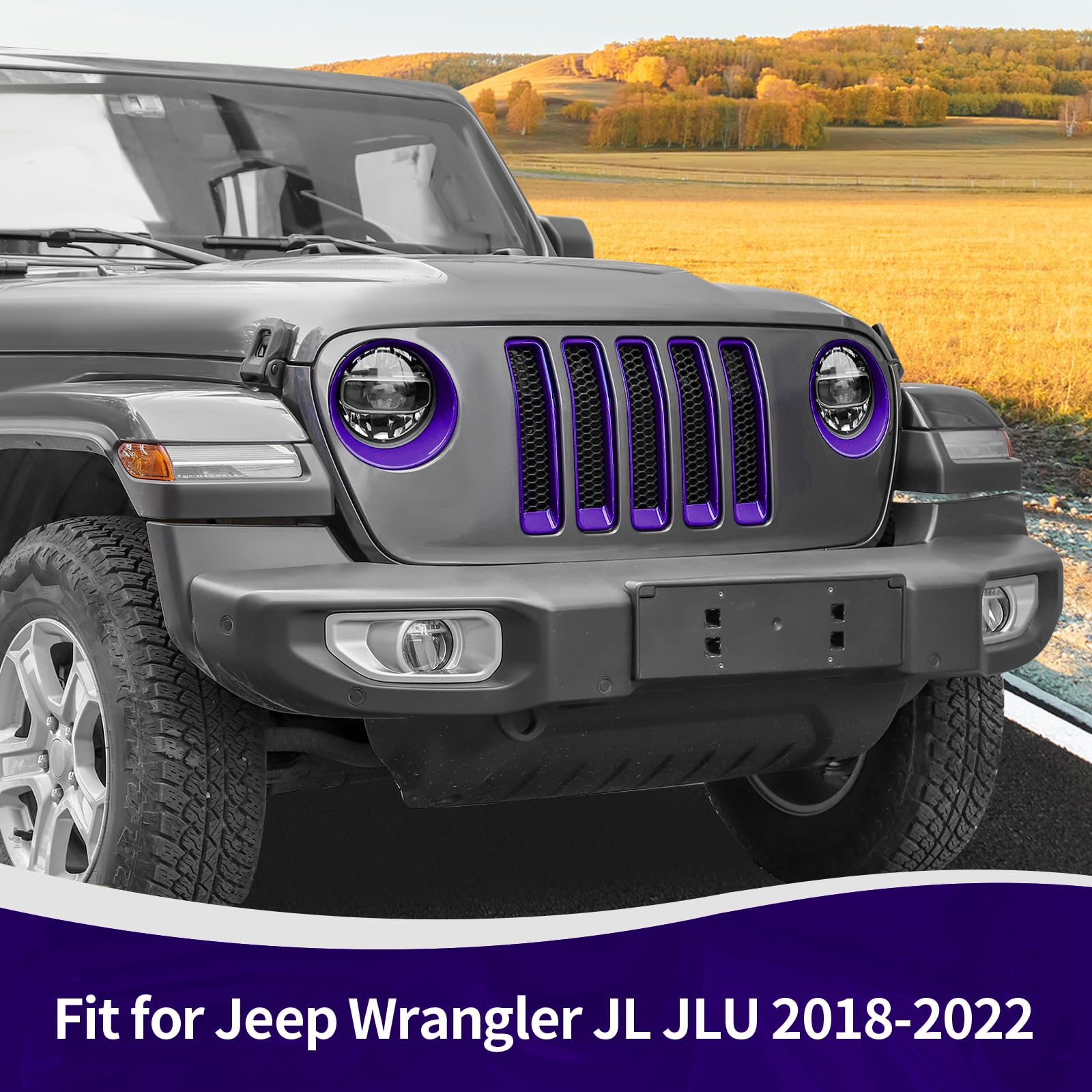 RT-TCZ Purple Mesh Front Grille Grill Insert & Headlight Cover Trim for Jeep Wrangler JL/JLU (2018-2022) - 9-Piece Exterior Accessories Kit | Off-Road Protection & Custom Styling