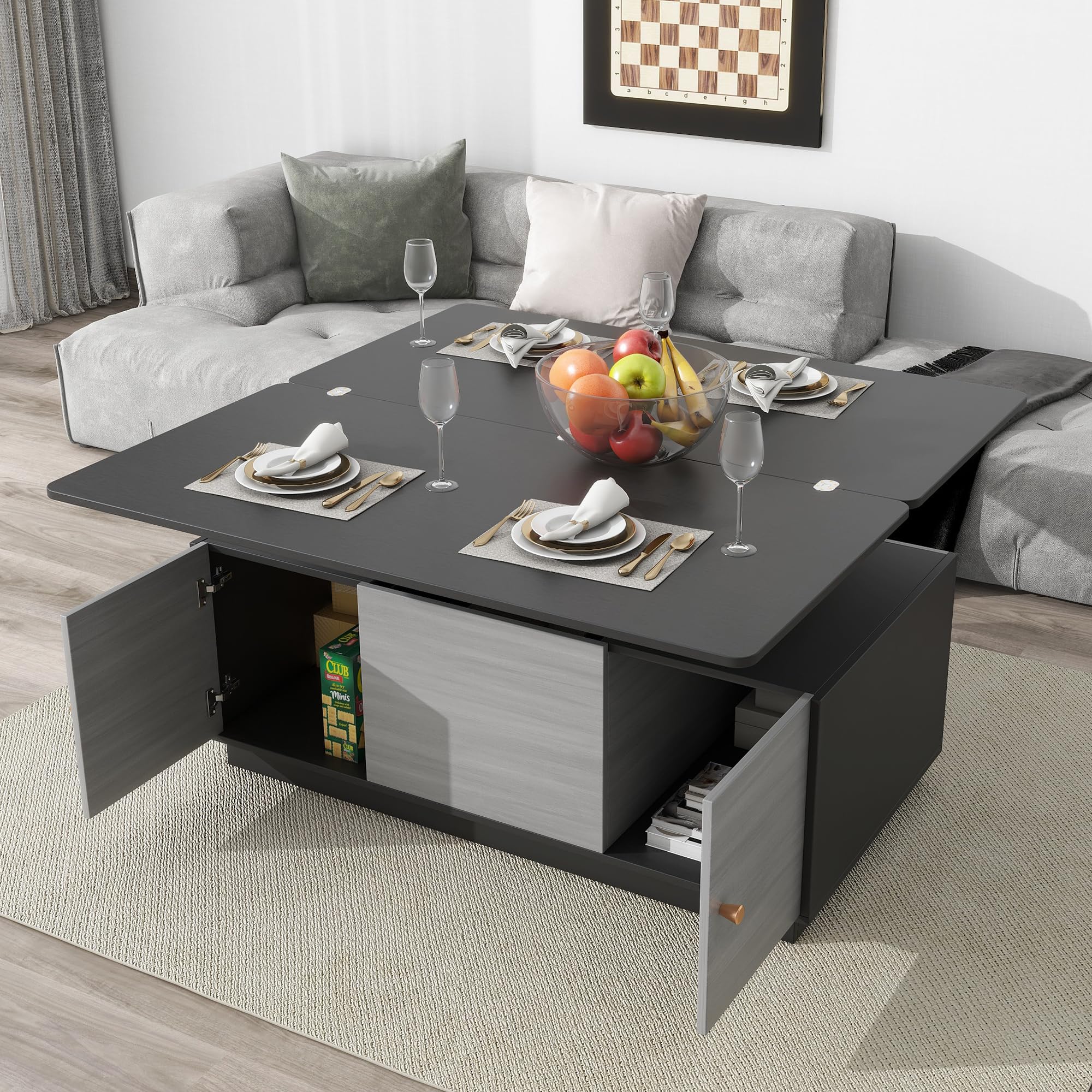 Modern Lift-Top Coffee Table with Storage Compartments & Hidden Cabinet - Convertible Dining Table, Rectangle Cocktail Center Table for Living Room & Office - Dark Grey - Perfect for Small Spaces, Entertaining Guests, and Multifunctional Home Use