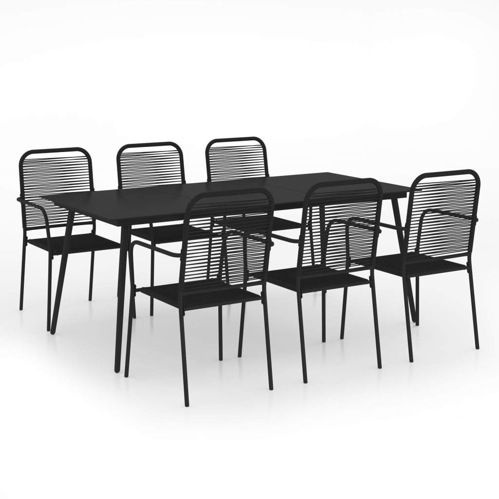 vidaXL 7-Piece Scandinavian Style Patio Dining Set - Black Outdoor Furniture with Cotton Rope Seats & Tempered Glass Table Top for Garden, Balcony, Backyard, and Indoor Use