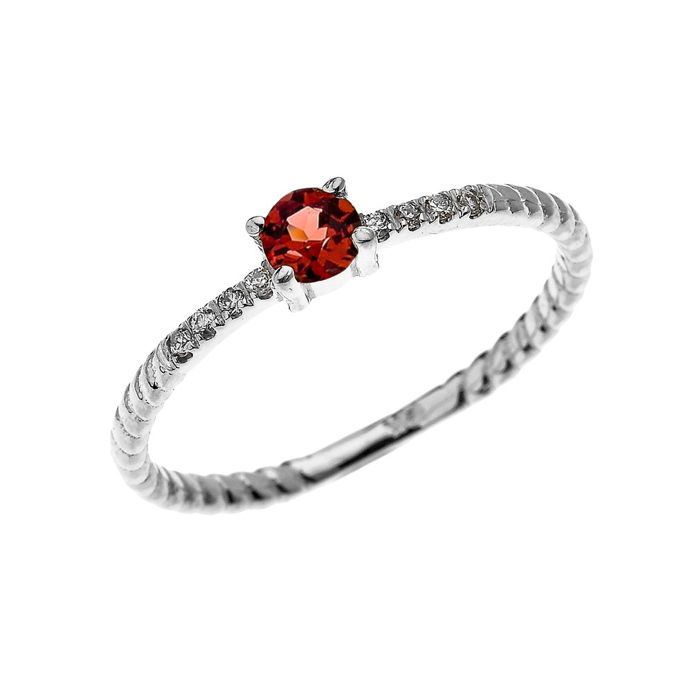 14K White Gold Dainty Solitaire Garnet and Diamond Rope Design Engagement Ring - Elegant Proposal & Stackable Wedding Band for Women, Perfect for Anniversary, Valentine's Day & Everyday Wear