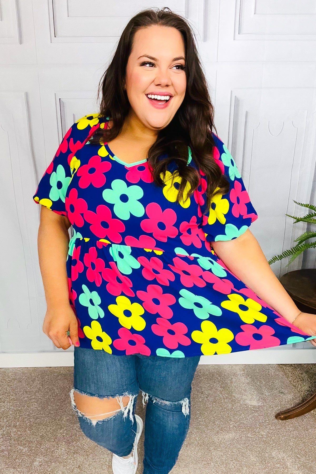 Haptics Navy Blue Floral Print Bubble Sleeve Babydoll Raglan Top - Casual Chic Blouse for Women, Perfect for Date Nights & Summer Outfits