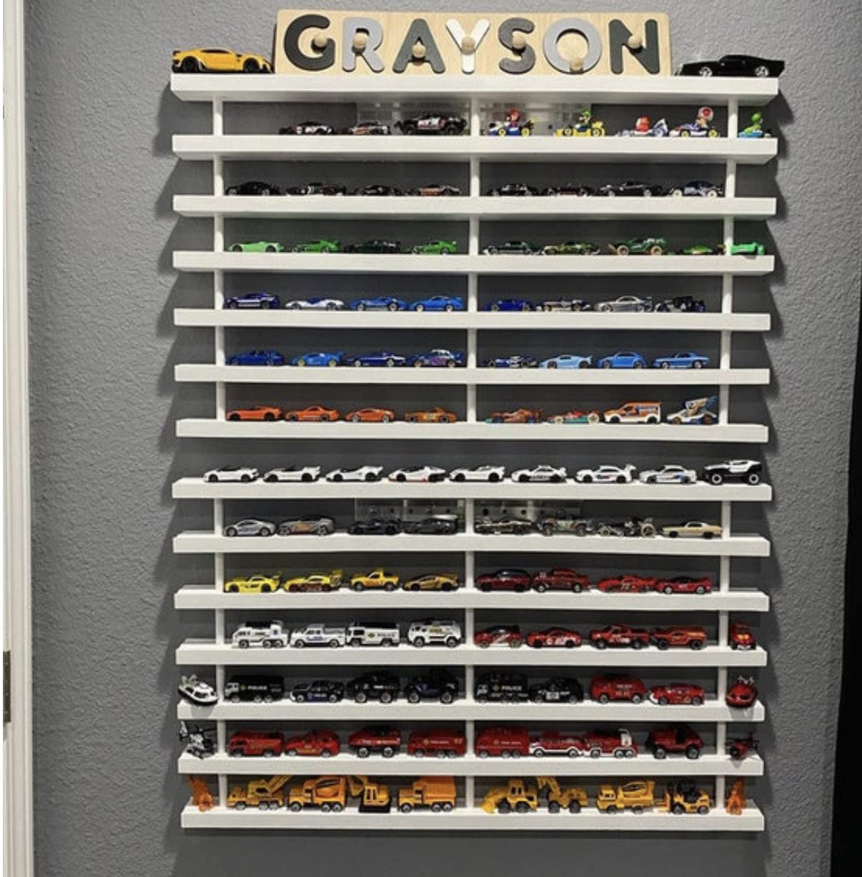 Handmade Wooden Toy Car Shelf - Compatible with Hot Wheels & Matchbox Cars - Solid Oak Display Organizer for Kids' Bedroom & Playroom Decor