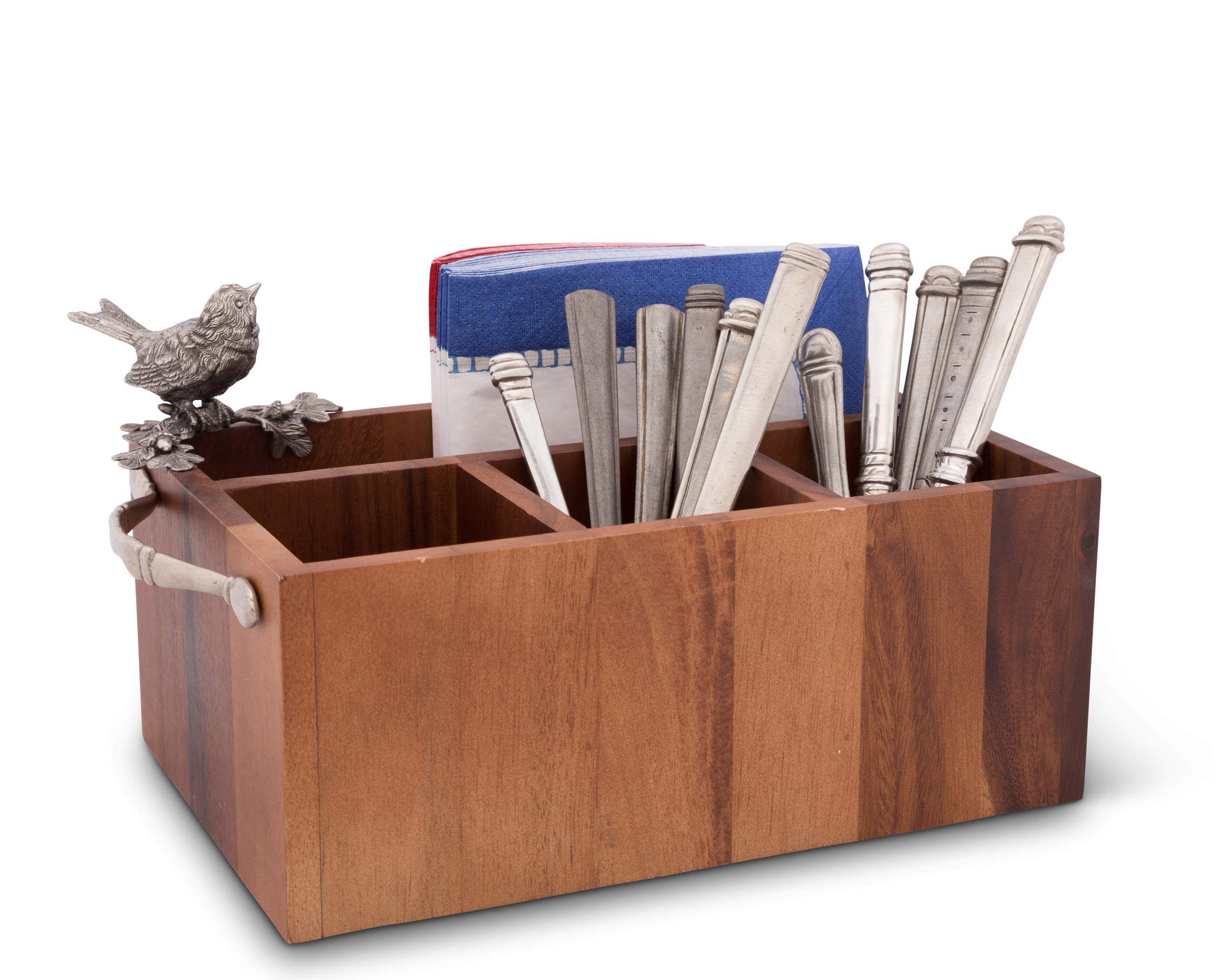 Vagabond House Acacia Wood Flatware Holder with Pewter Song Bird Accent & Leather Handles - 13.5
