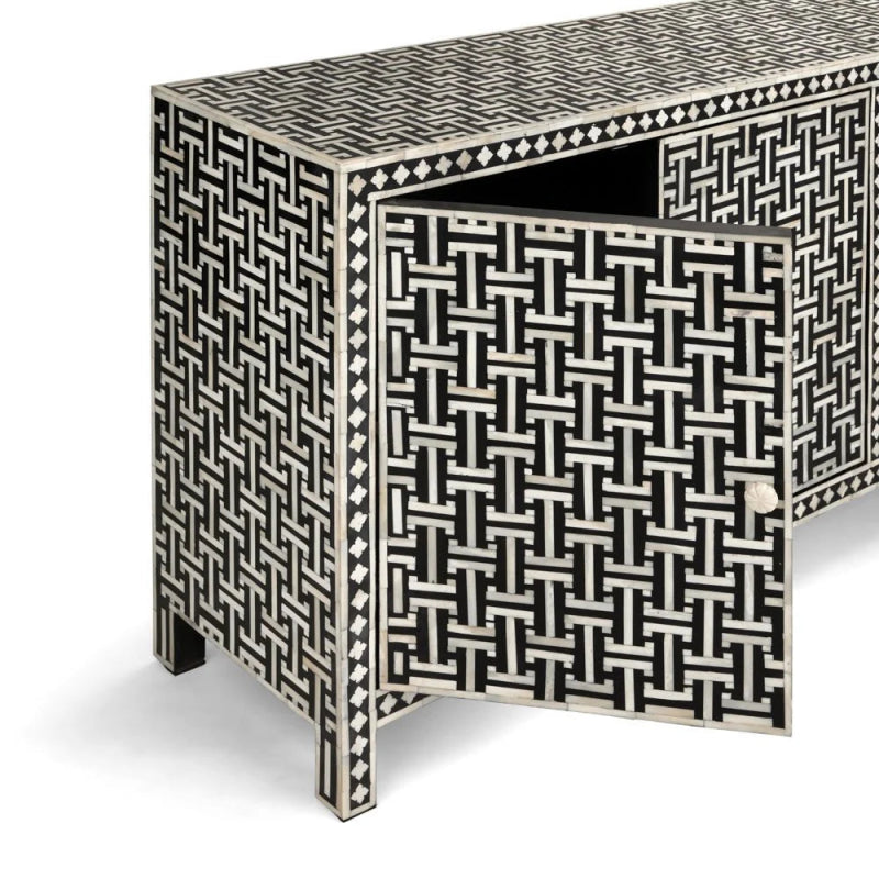 Handmade Bone Inlay 3-Door Sideboard Cabinet - Black & White Buffet Table for Dining Room Storage & Home Decor