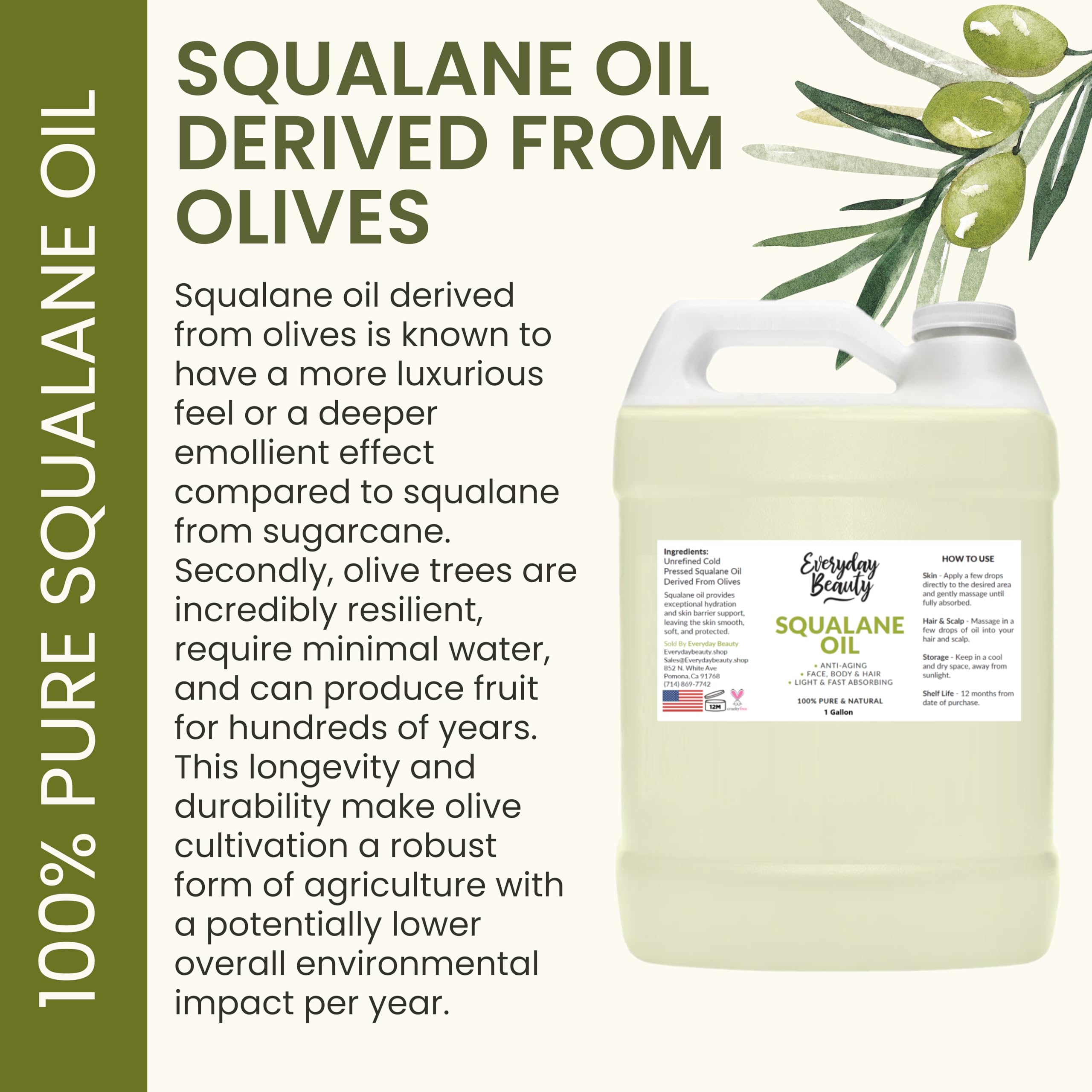 Pure Plant-Derived Squalane Oil - 1 Gallon Bulk Size, 100% Natural, Cold Pressed & Unrefined for Skin & Hair Care - Premium Moisturizing Oil for Face, Body, Scalp & DIY Beauty Products - Hydrates Dry Skin & Strengthens Hair Naturally