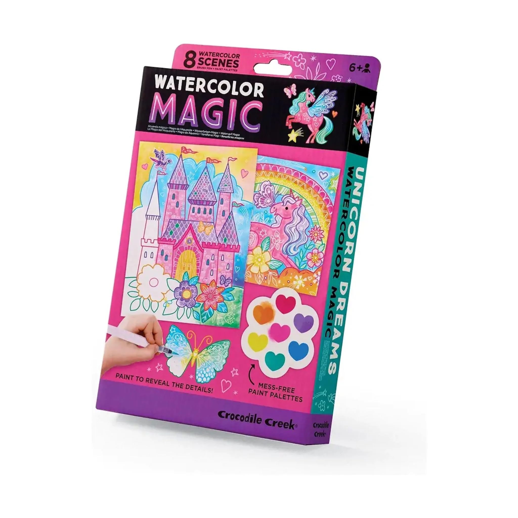 Crocodile Creek Unicorn Dreams Watercolor Magic Paint Set for Kids Ages 6+ - 8 Water-Reveal Scenes & Mess-Free Painting Palettes with Water Brush Pen - Creative Art Supplies for Children - Perfect for Birthday Gifts, Classroom Activities & Rainy Day Fun