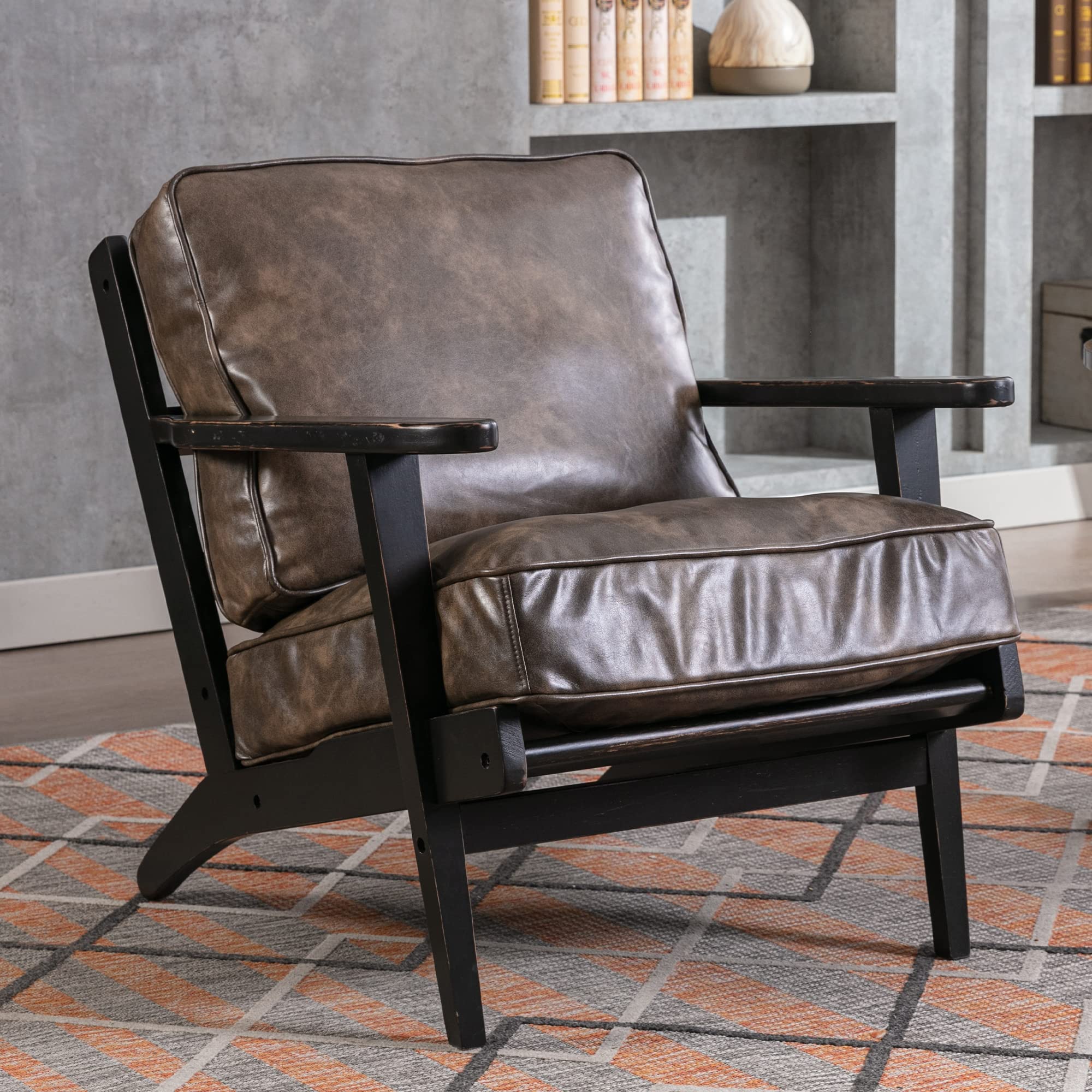 Mid Century Modern Faux Leather Accent Chair - Dark Brown Reading & Lounge Armchair for Bedroom, Living Room | Comfortable Indoor Seating for Relaxing & Reading