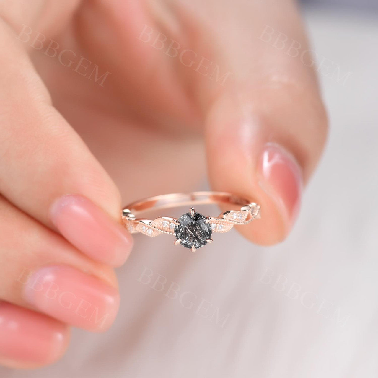 Natural Black Rutilated Quartz Engagement Ring with Diamond Accents - Elegant Wedding Band for Women, Perfect for Proposals, Anniversaries & Special Occasions