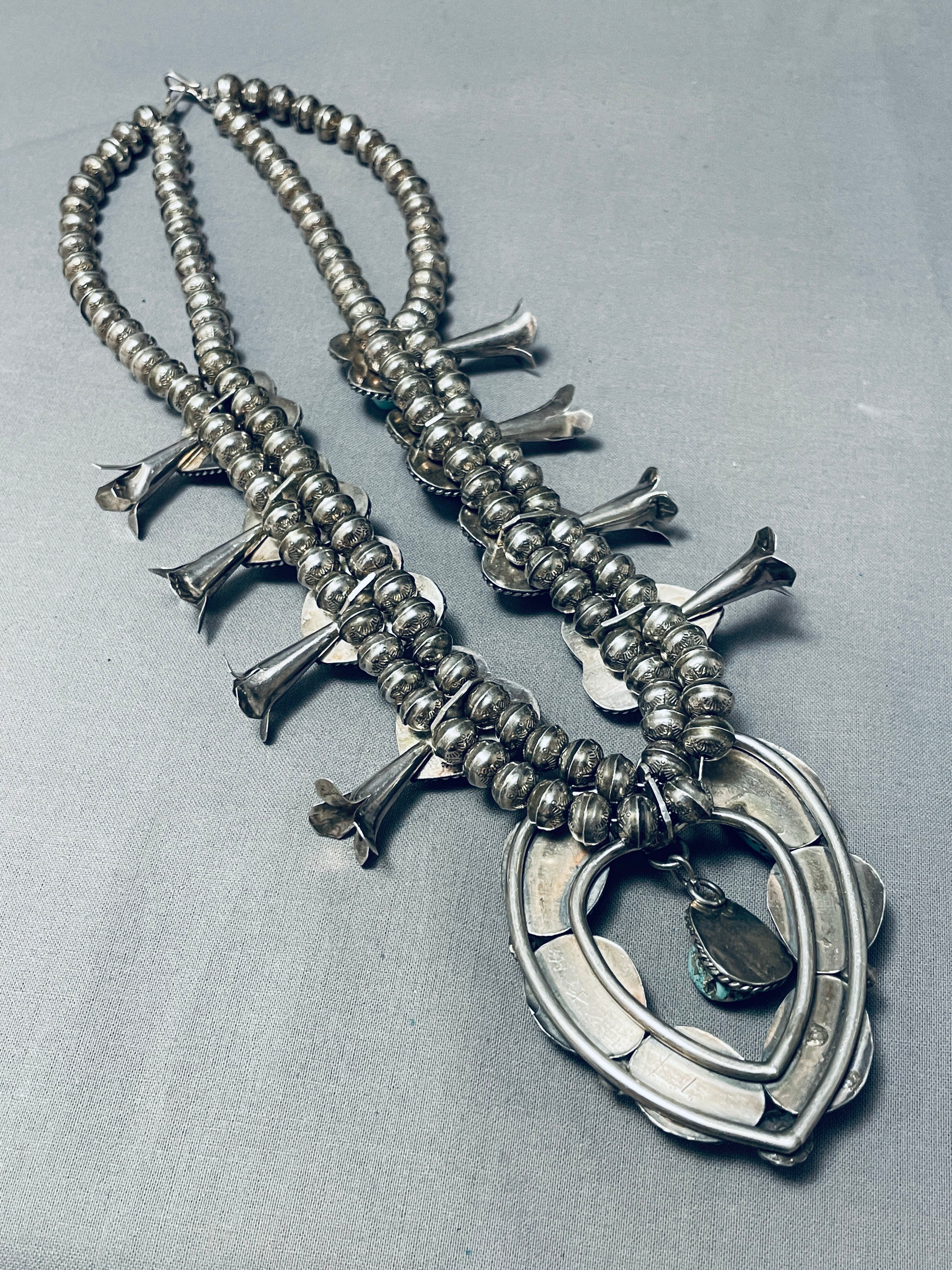 191 Gram Vintage Native American Navajo Turquoise Sterling Silver Squash Blossom Necklace - Handcrafted Jewelry for Women, Perfect for Boho Fashion, Weddings & Special Occasions