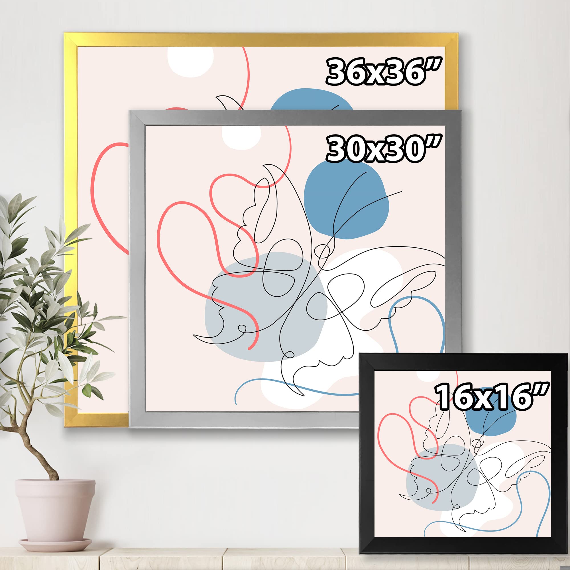 DesignQ Butterfly One Line Drawing On Cubism Shapes - Modern Framed Wall Art Decor for Living Room, Bedroom & Office | Abstract Home Decor