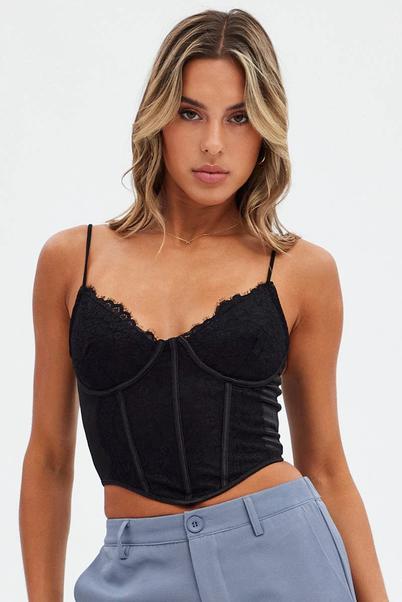 Black Corset Singlet - Sleeveless Scoop Neck Lace Bodysuit for Women | Perfect for Layering, Date Nights & Special Occasions