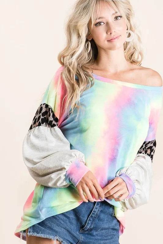 Bibi Tie Dye Terry Top with Contrast Puff Sleeves in Pastel Colors | Women's Fashion Tunic | Casual Wear & Summer Outfits