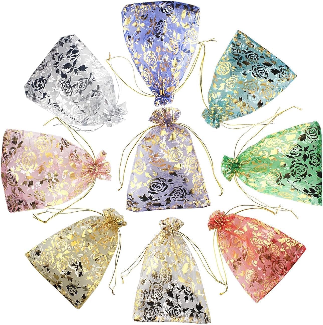 20 Pack Brown Leaf Printed Transparent Organza Gift Bags - Elegant Jewelry Pouches for Wedding, Diwali, Rakhi & Party Favors | Perfect for Gifting, Jewelry Storage & Special Occasions