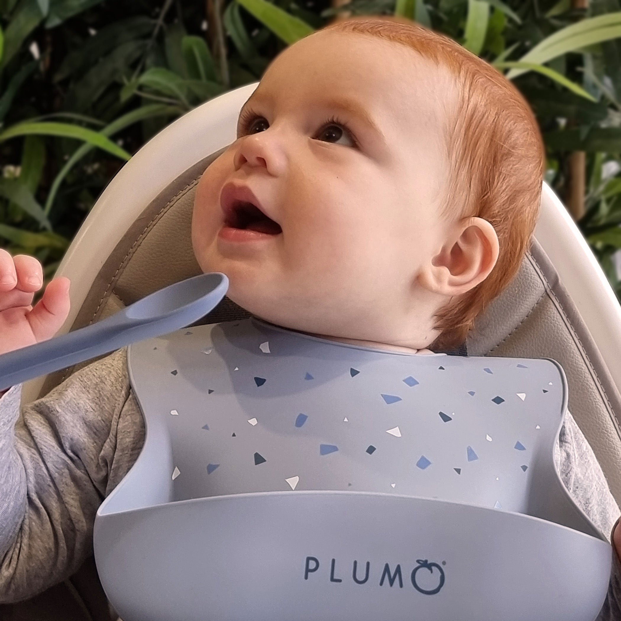 PLUM 3 Piece Silicone Baby Bib and Spoon Set - Steel Blue/Denim - Perfect for Messy Mealtime, Baby Led Weaning & On-the-Go Feeding